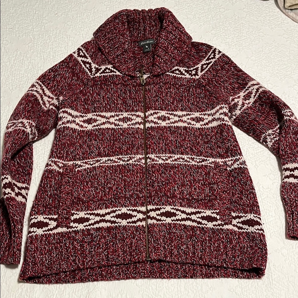 Eddie Bauer Red and White Zip-Up Sweater
